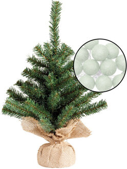 Mini kunst kerstboom groen met verlichting - in jute zak - H45 cm - lichtgroen - Kunstkerstboom