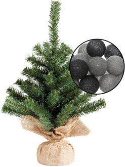 Mini kunst kerstboom groen met verlichting - in jute zak - H45 cm - zwart/grijs - Kunstkerstboom