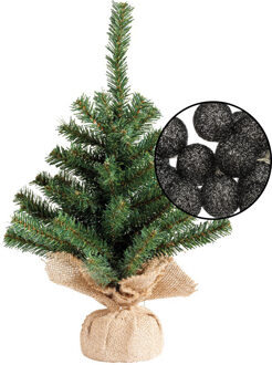 Mini kunst kerstboom groen met verlichting - in jute zak - H45 cm - zwart - Kunstkerstboom