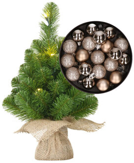 Mini kunst kerstboom - H45 cm - met verlichting en kerstballen - champagne - kunstboom