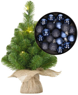 Mini kunst kerstboom - H45 cm - met verlichting en kerstballen - donkerblauw - kunstboom
