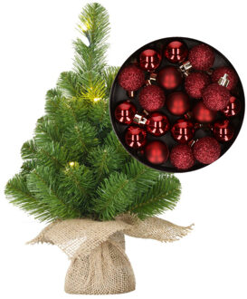 Mini kunst kerstboom - H45 cm - met verlichting en kerstballen - donkerrood - kunstboom