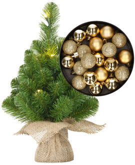 Mini kunst kerstboom - H45 cm - met verlichting en kerstballen - goud - kunstboom