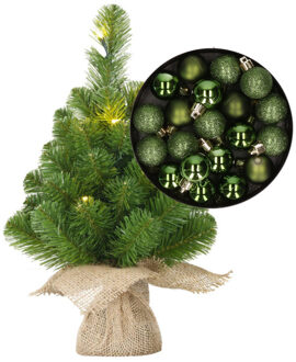 Mini kunst kerstboom - H45 cm - met verlichting en kerstballen - groen - kunstboom