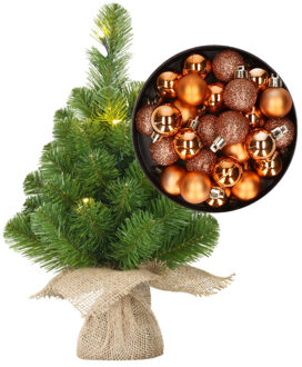 Mini kunst kerstboom - H45 cm - met verlichting en kerstballen - koper - kunstboom