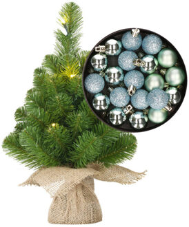 Mini kunst kerstboom - H45 cm - met verlichting en kerstballen - mintgroen - kunstboom