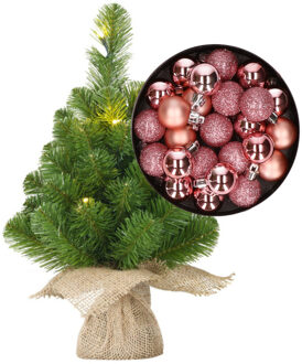 Mini kunst kerstboom - H45 cm - met verlichting en kerstballen - roze - kunstboom