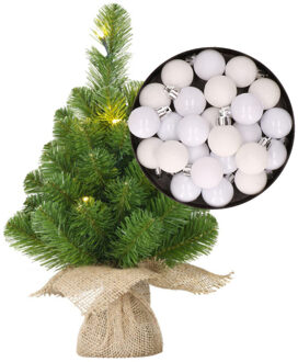 Mini kunst kerstboom - H45 cm - met verlichting en kerstballen - wit - kunstboom