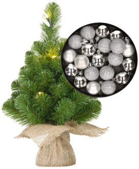 Mini kunst kerstboom - H45 cm - met verlichting en kerstballen - zilver - kunstboom
