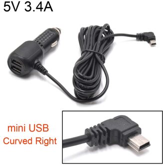 Mini Micro Usb Car Charger 3.5Meter 5V 3.4A Met 2 Usb-poorten Voor Auto Dvr Dash Camera Gps video Recorder, input Dc 8V-36V Mini Curved rechtsaf