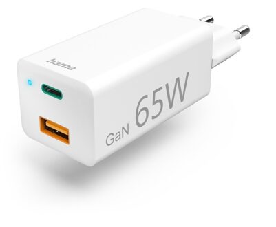 Mini-Oplader, GaN, USB-C Power Delivery (PD) + USB-A QC3.0, 65W Oplader Wit