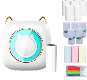 Mini Pocket Printer with 6 Roll Thermal Paper+3pcs Color Thermal Paper+5pcs Adhesive Thermal Paper 57x25mm+5pcs Color Markers