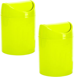 Mini prullenbakje - 2x stuks - groen - kunststof - klepdeksel - keuken aanrecht/tafel - 12 x 17 cm