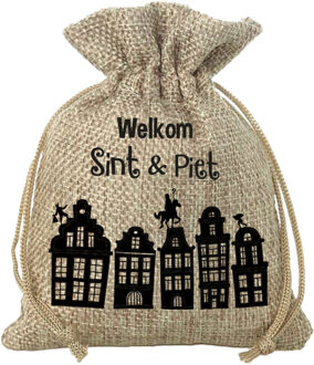 Mini Sinterklaas jute cadeau zak Welkom Sint en Piet print met koord 18 x 25 cm - Uitdeelzakjes Beige