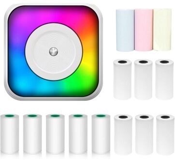 Mini Thermal Printer Multifunction Portable Sticker Maker with RGB Light Instant Photo Inkless Printing Support BT Connection for Smartphone with 9 Thermal Paper Roll 57mm + 5 Self-Adhesive Paper Rolls