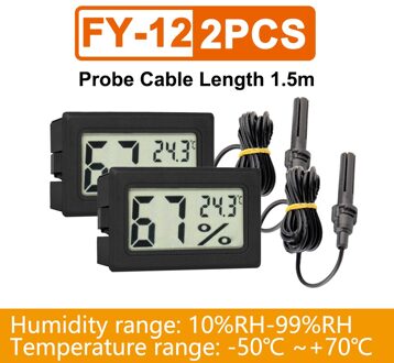 Mini Thermometer Hygrometer Digitale Lcd Indoor Temperatuursensor Vochtigheid Meter Hygrometer Gauge Koelkast Thermometer Wit/Zwart 2stk met draad zwart