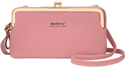 Mini Vrouwen Messenger Bags Pu Lederen Schoudertas Vrouwelijke Mobiele Telefoon Tas Lychee Patroon Grote Capaciteit Rits Portemonnee Roze