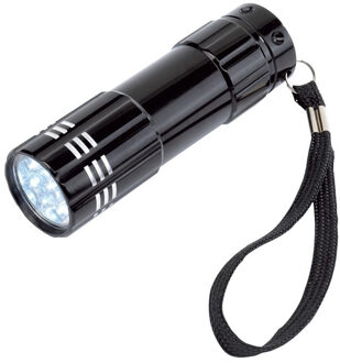 Mini zaklamp - zwart - 9 cm - metaal - incl batterijen en koordje - LED