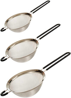 Mini zeefjes - RVS - 3x stuks - dia 8/10/12 cm - zilver - keukenbenodigdheden