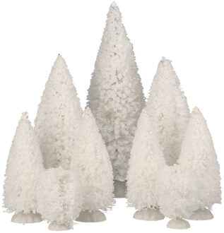 Miniatuur kerstboompjes - 9x st - wit - 5 tot 20 cm - kunststof - kerstdorp bomen