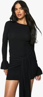 Minijurk Met Getextureerd Wikkel-Detail En Uitlopende Mouwen, Black - 38