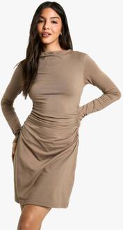 Minijurk Met T-Shirt Look, Lange Mouwen En Ruchering Aan De Zijkant, Taupe - 38