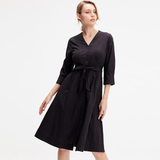 Minimalistische katoenen shirtjurk met geknoopte riem Zwart - XS