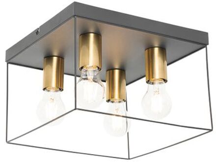 Minimalistische plafondlamp zwart met goud 4-lichts vierkant