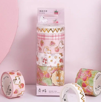 MINKYS Kawaii 5pcs/set Strawberry Floral Washi Tape Decorative Masking Tape For DIY Crafts Kids' Art Projects Scrapbook Gift