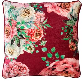 MINOU - Kussenhoes 45x45 cm - velvet - bloemen - red plum - roze - rood - groen - streepjes