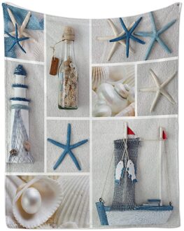 Miracille Flanellen Deken Afdrukken Blauwe Zeester Vuurtoren Helderder Parel Fleece Dekens Gooien Voor Slaapbank Beddengoed 002 / 130X150CM