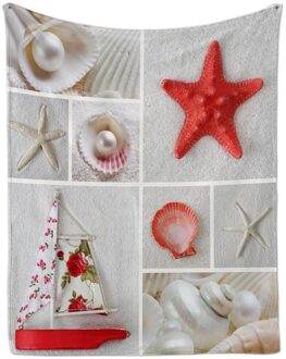 Miracille Flanellen Deken Afdrukken Blauwe Zeester Vuurtoren Helderder Parel Fleece Dekens Gooien Voor Slaapbank Beddengoed 003 / 130X150CM