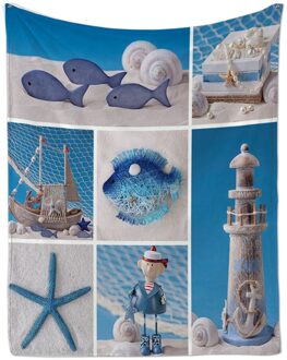 Miracille Flanellen Deken Afdrukken Blauwe Zeester Vuurtoren Helderder Parel Fleece Dekens Gooien Voor Slaapbank Beddengoed 004 / 150X200CM