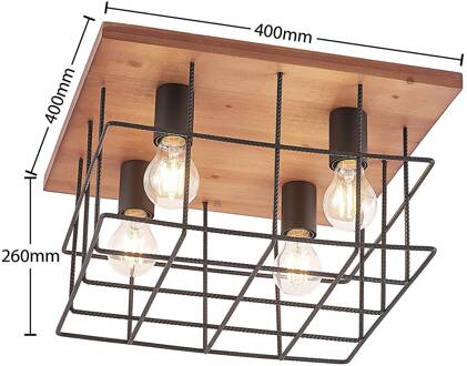 Mireille kooi-plafondlamp met hout, 4-lamps licht hout, zwart