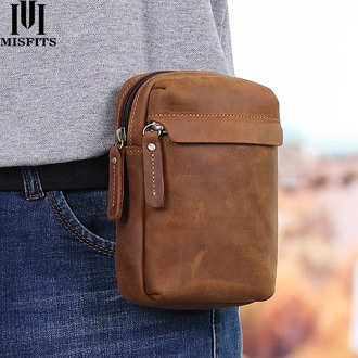 MISFITS Brand Genuine Leather Waist Bag Large Capacity Anti-Theft Double Zipper Interior Slot Pocket Cell Phone Purse