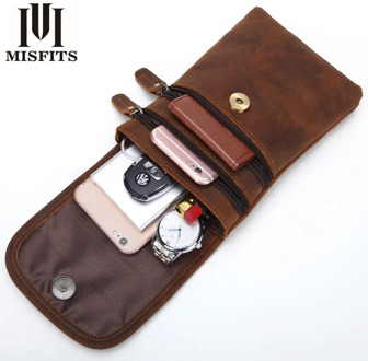 MISFITS Genuine Leather Men's Cell Phone Pocket Many Compartments Large Capacity Hasp Zipper Shoulder Hip Pack Male Waist Bag