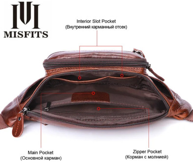 MISFITS Luxury Genuine Leather Men Waist Bag Coin Pocket Card Holder Cell Phone Pocket Interior Zipper Pocket Shoulder Man Bag