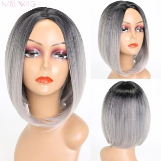 Miss Pruik Korte Rechte Ombre Roze Hittebestendige Bob Pruik Voor Vrouwen Zwart Ombre Kleur Synthetisch Haar NC/4HL