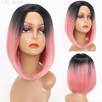 Miss Pruik Korte Rechte Ombre Roze Hittebestendige Bob Pruik Voor Vrouwen Zwart Ombre Kleur Synthetisch Haar T4/27/30