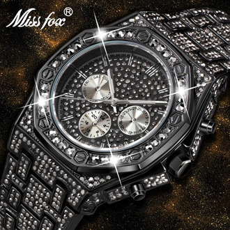 MISSFOX Luxury Man Watches Quartz WristWatch For Men Full Diamond Dial Casual Black Watch Alloy Casual Watch Relogio Masculino