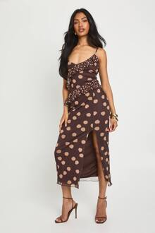Mixed Polka Dot Ruffle Mesh Maxi Jurk, Chocolate - 42
