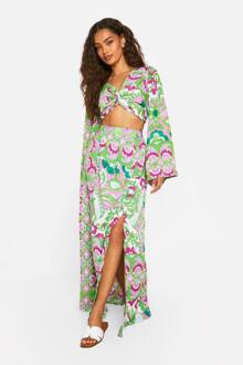 Mixed Print Split Front Maxi Skirt, Emerald - 34