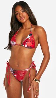 Mixed Print Triangle Bikini Top & Tie Side Bikini Bottoms Set, Red - 38