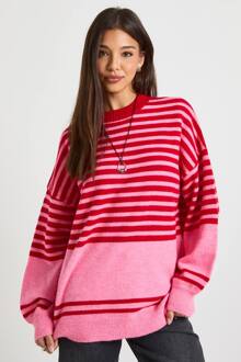 Mixed Stripe Oversized Trui, Pink - L
