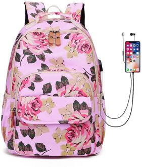 Mjzkxqz Waterdichte Nylon Vrouwen Usb Rugzak Vrouwelijke Schooltas Voor Tiener Meisje Rugzak Grote Capaciteit Roze