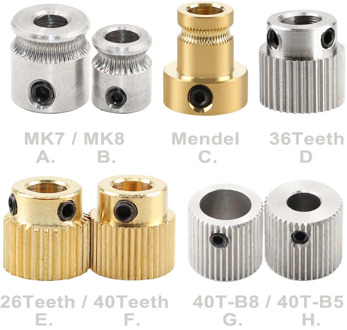 MK7 MK8 Extruder 26/36/40 teeth Gear Reprap Mendel Extruder Drive Gear Brass Bore 5mm 3d Printer Feeding Hobbed Wheel