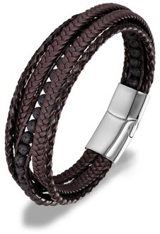 Mkendn Lederen Armbanden 6Mm Tijger Ogen Steen Wrap Armbanden Geweven Multilayer Boho Armband Handgemaakte Sieraden Magnetische Sluiting Lava Stone