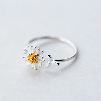 MloveAcc Gold Color Daisy Stamen Flower Open Rings for Women High Quality Lady 100% 925 Sterling Silver Jewelry