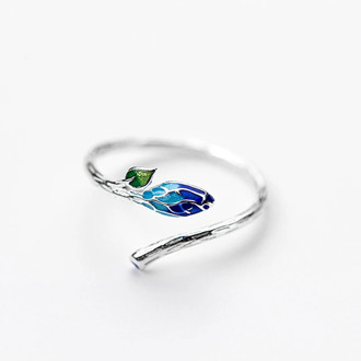 MloveAcc Vintage Blue Leaf Adjustable Opening Ring Real 925 Sterling Silver Fashion Jewelry for Women Party Ethnic Artsy Gift