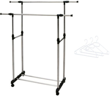 Mobiel kledingrek dubbele stang 160 cm met 10x witte kunststof kledinghangers - Kledingrekken met hangers
